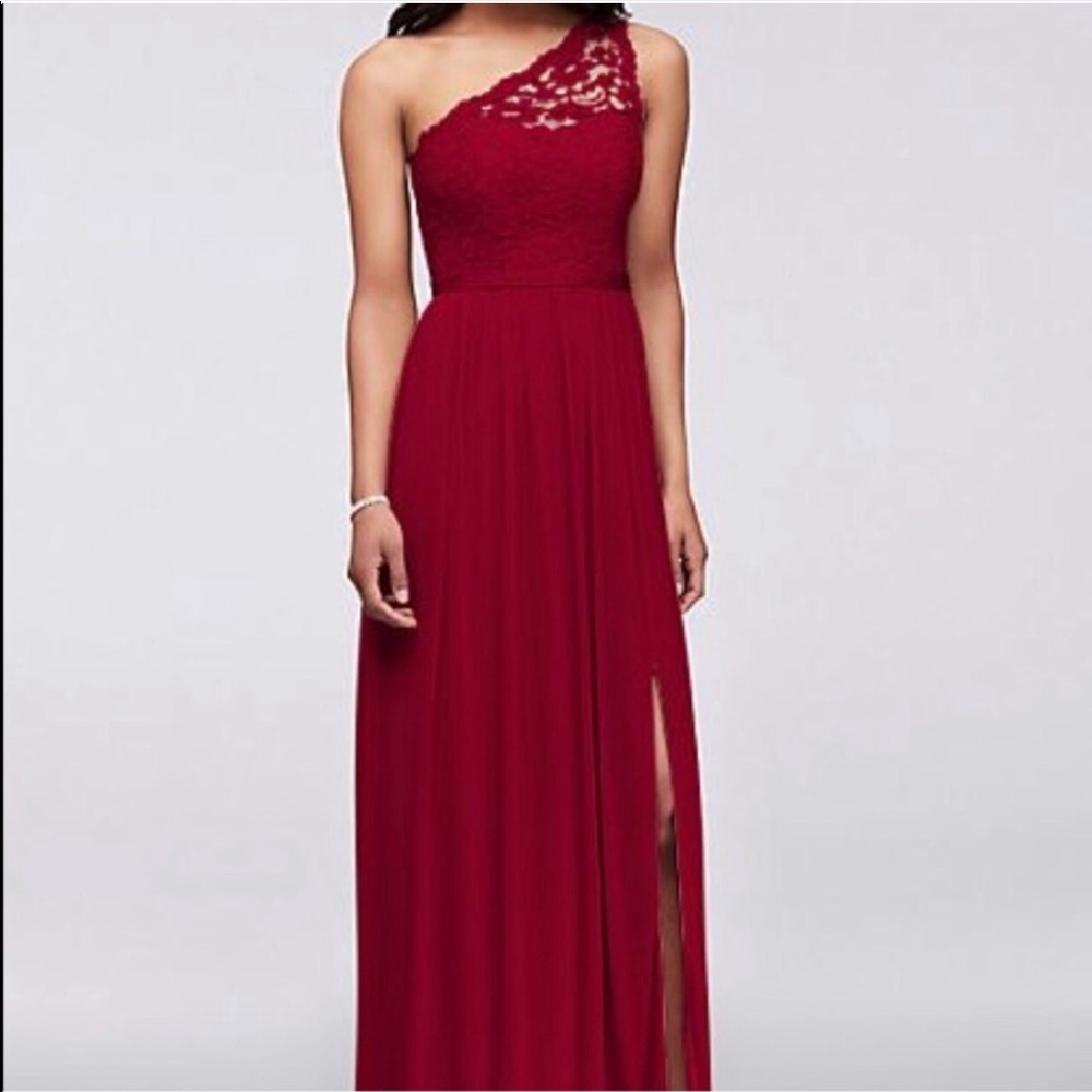Apple red David’s bridal dress